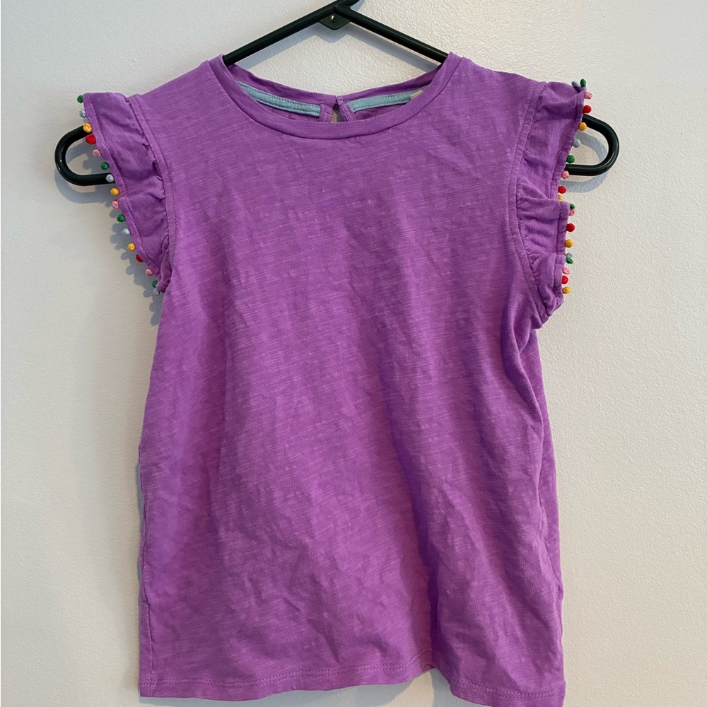 Mini Boden Girls Lilac Ruffle Pom Pom Sleeve Tee
